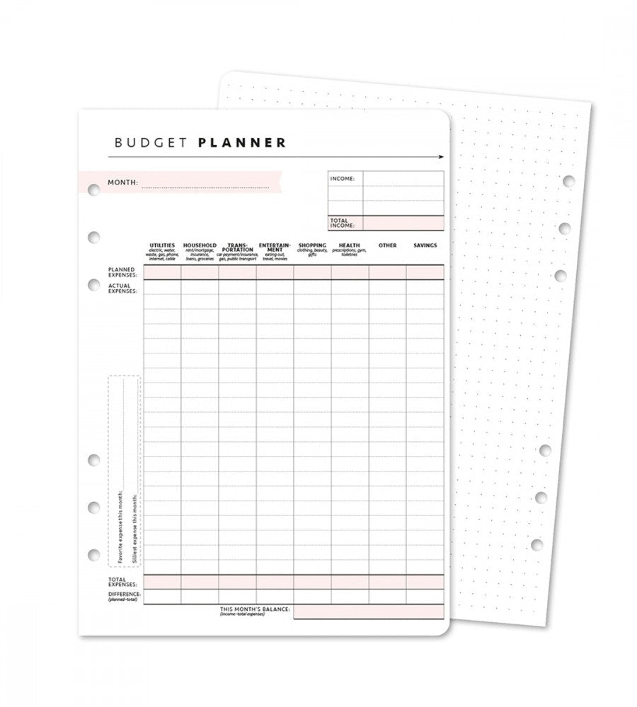 Refill Pages - Budget Planner Detailed 12 Pack for Organiser - Size A5 - Personal Planner